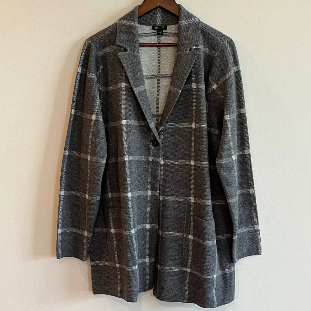 J. Jill Wearever Gray Plaid Sweater Blazer Cardigan Jacket Windowpane Large